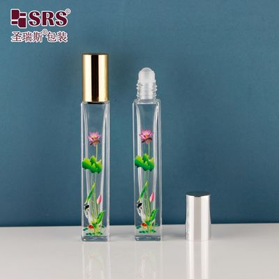 10ml hình vuông dày tường thủy tinh cuộn trên chai với cầu cuộn ứng dụng cho nước hoa và tinh dầu